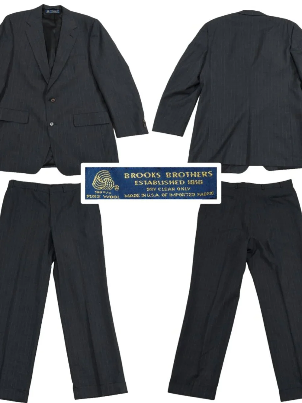 Brooks Brothers Grey Pinstriped Wool, 2 Piece Suit, Blazer 44L, Pants 38x30.5